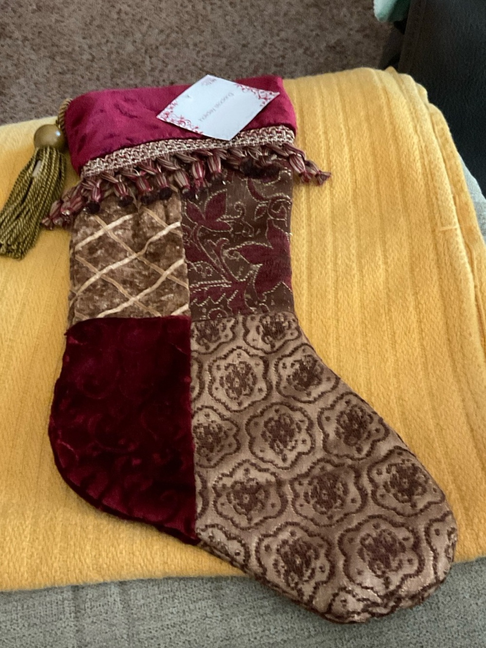 Christmas Stocking Patchwork Jacquard Velvet Cuff Tassel Burgundy Gold 20" Vtg